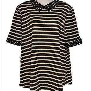 Faith and Joy Women's Size Large Black/White Short Sleeve Top Polka Dots/Stripes